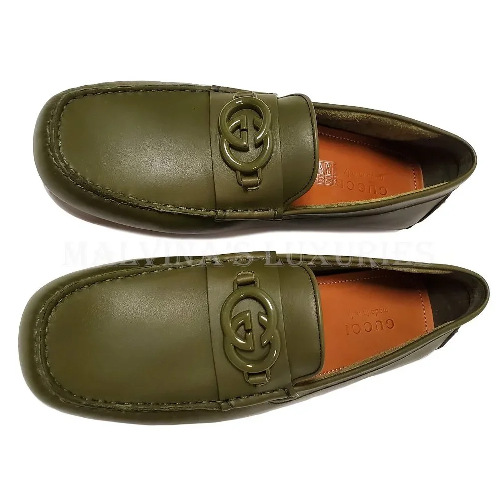 GUCCI SHOES MENS LOAFERS MOCCASINS G LOGO GREEN LEATHER sz 9G 9.5